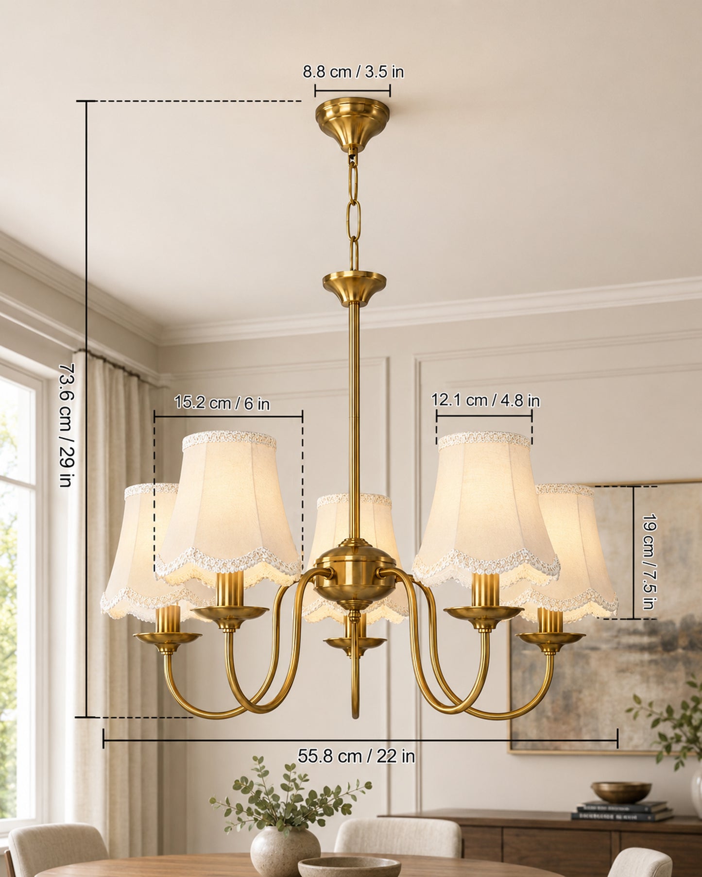 Homesake® 5-Light Brass Gold Chandelier with Fabric Shades, E27 Modern Hanging Ceiling Light for Living Room, Dining Room, Bedroom & Foyer