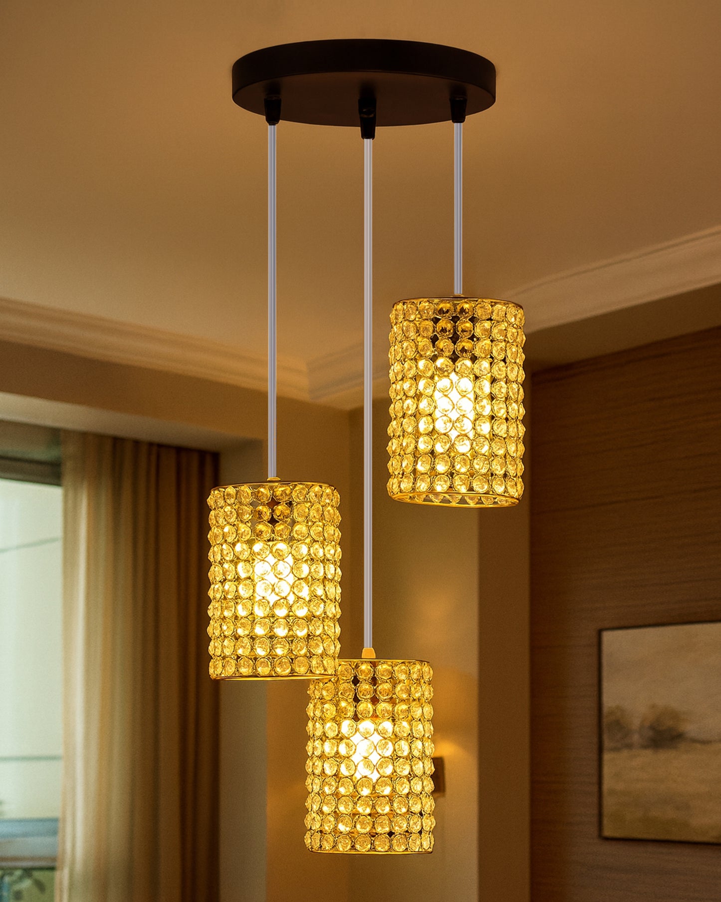 3-Lights Round Golden Cluster Chandelier Crystal Golden Barrel Hanging Light, E27 Holder, Decorative, URBAN Retro, Nordic Style, LED/Filament Bulb