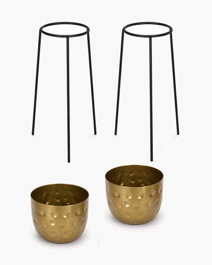 Metal Hammered Plant Pot with Stand, Set of 2 |Golden Decorative Modern Indoor Planter | Office Desk Pot with Black Metal Stand for Orchids Herbs Cacti Succulents