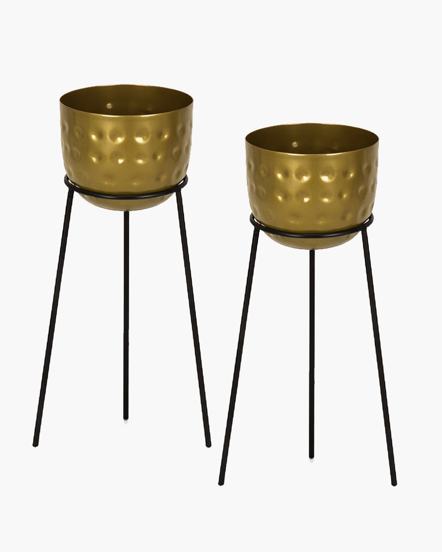 Metal Hammered Plant Pot with Stand, Set of 2 |Golden Decorative Modern Indoor Planter | Office Desk Pot with Black Metal Stand for Orchids Herbs Cacti Succulents