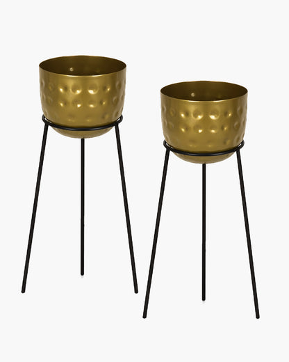 Metal Hammered Plant Pot with Stand, Set of 2 |Golden Decorative Modern Indoor Planter | Office Desk Pot with Black Metal Stand for Orchids Herbs Cacti Succulents