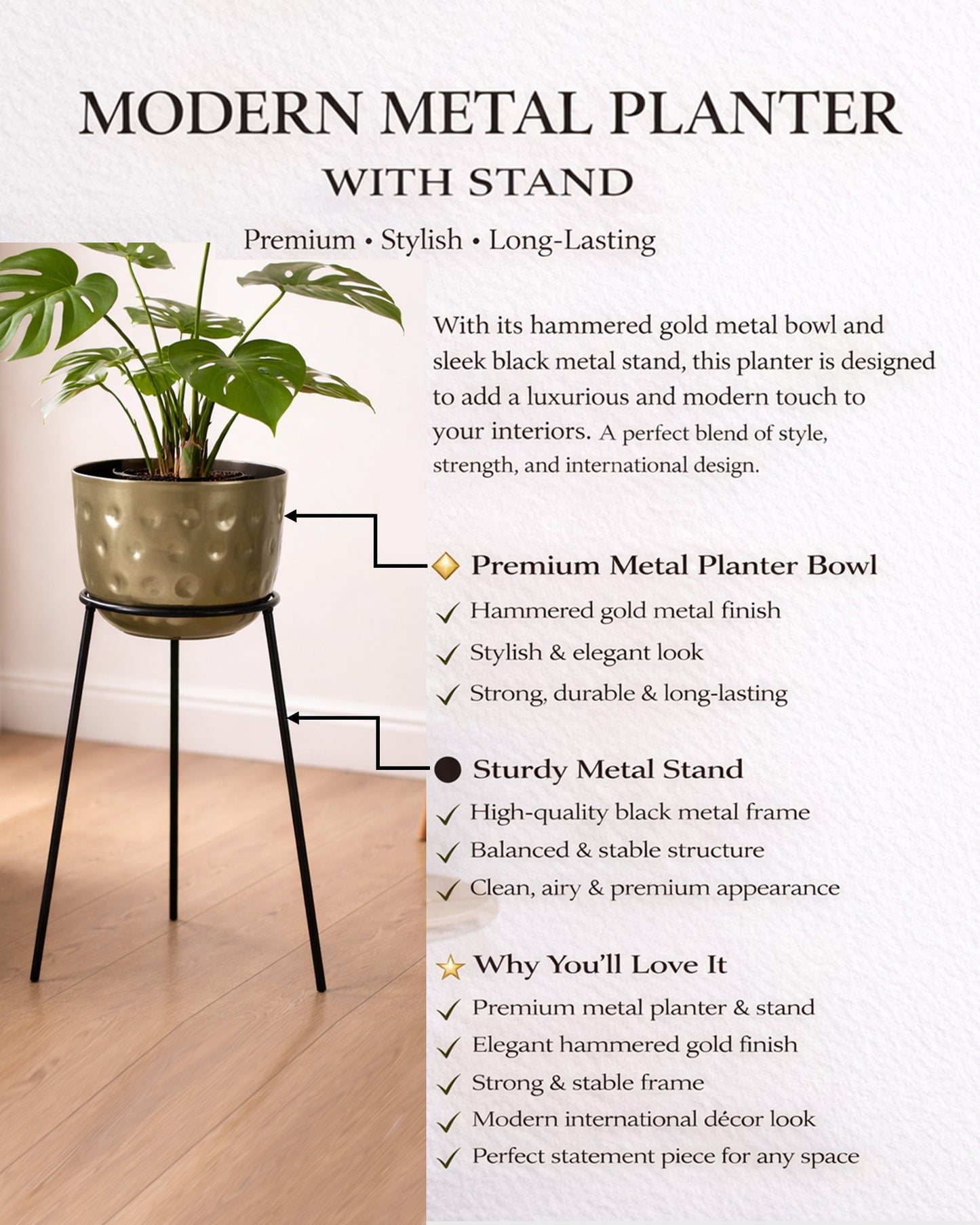 Metal Hammered Plant Pot with Stand, Set of 2 |Golden Decorative Modern Indoor Planter | Office Desk Pot with Black Metal Stand for Orchids Herbs Cacti Succulents