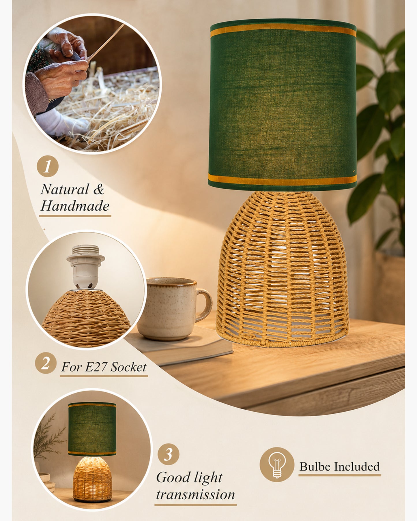 Homesake® Raffia Rattan Table Lamp with Fabric Shade, Small Nightstand Lamp, Natural Wicker Bedside Lamp for Bedroom, Living Room, Study & Home Décor, Livra Collection | E27 Holder