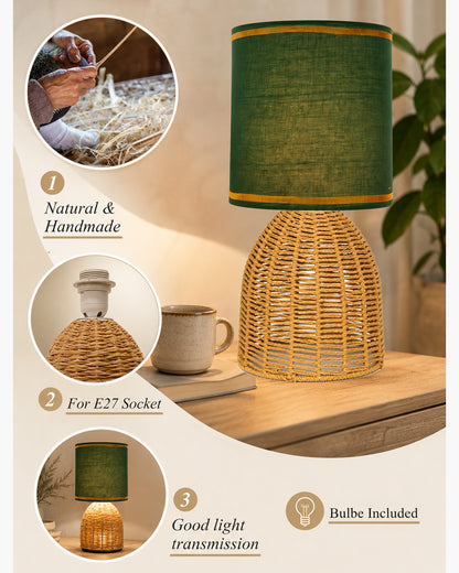 Homesake® Raffia Rattan Table Lamp with Fabric Shade, Small Nightstand Lamp, Natural Wicker Bedside Lamp for Bedroom, Living Room, Study & Home Décor, Livra Collection | E27 Holder