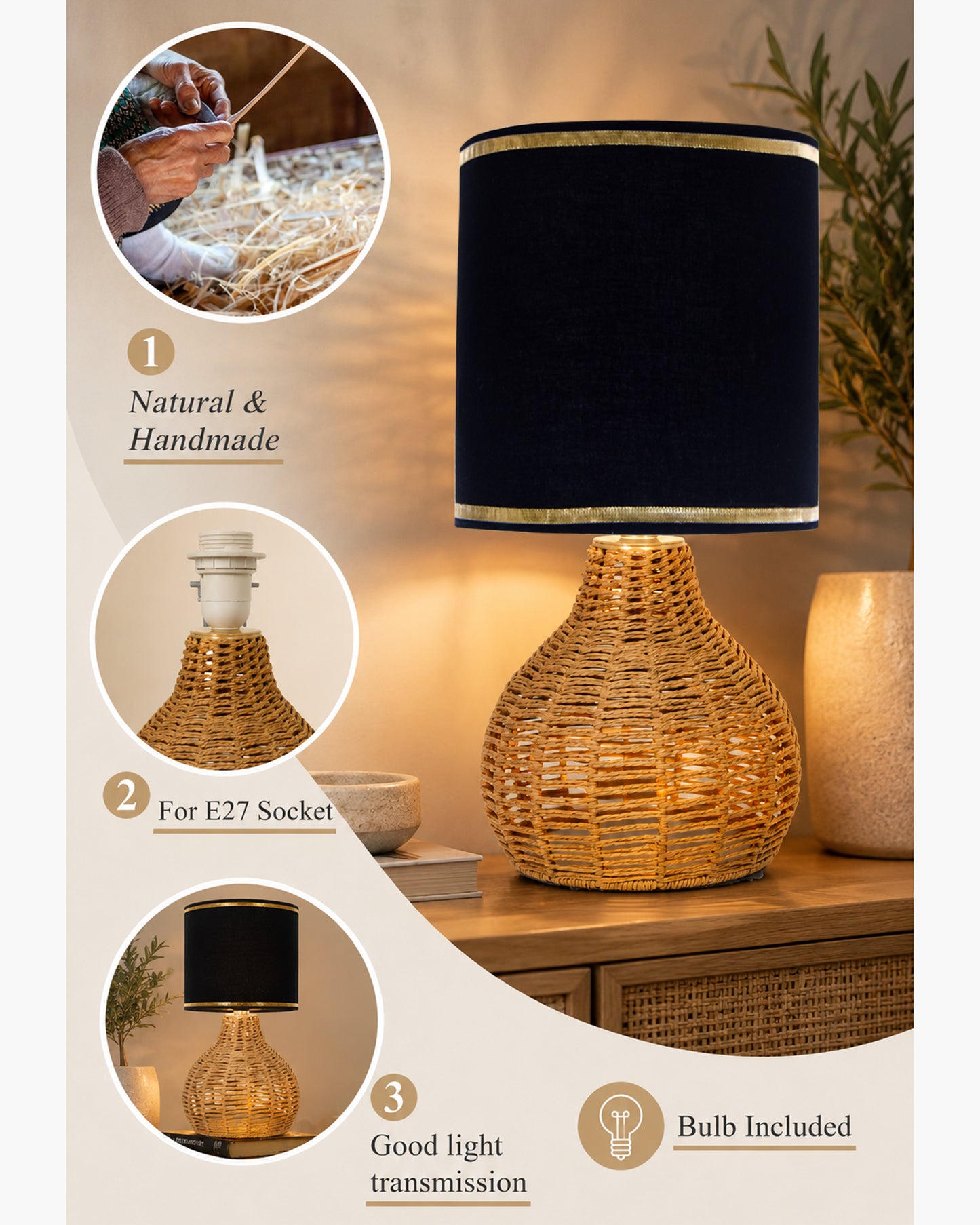 Homesake® Raffia Rattan Table Lamp, Small Nightstand Lamp with Linen Fabric Lampshade, Bedside Lamp for Bedroom, Living Room, Study & Livra Home Décor | Warm Ambient Lighting (Spinning, Jute)