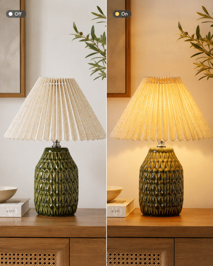 Homesake® Artisan Textured Ceramic Table Lamp with Fabric Shade, Green Glossy Glazed Bedside Lamp, E27 Decorative Table Light for Bedroom, Living Room, Study, Home & Office