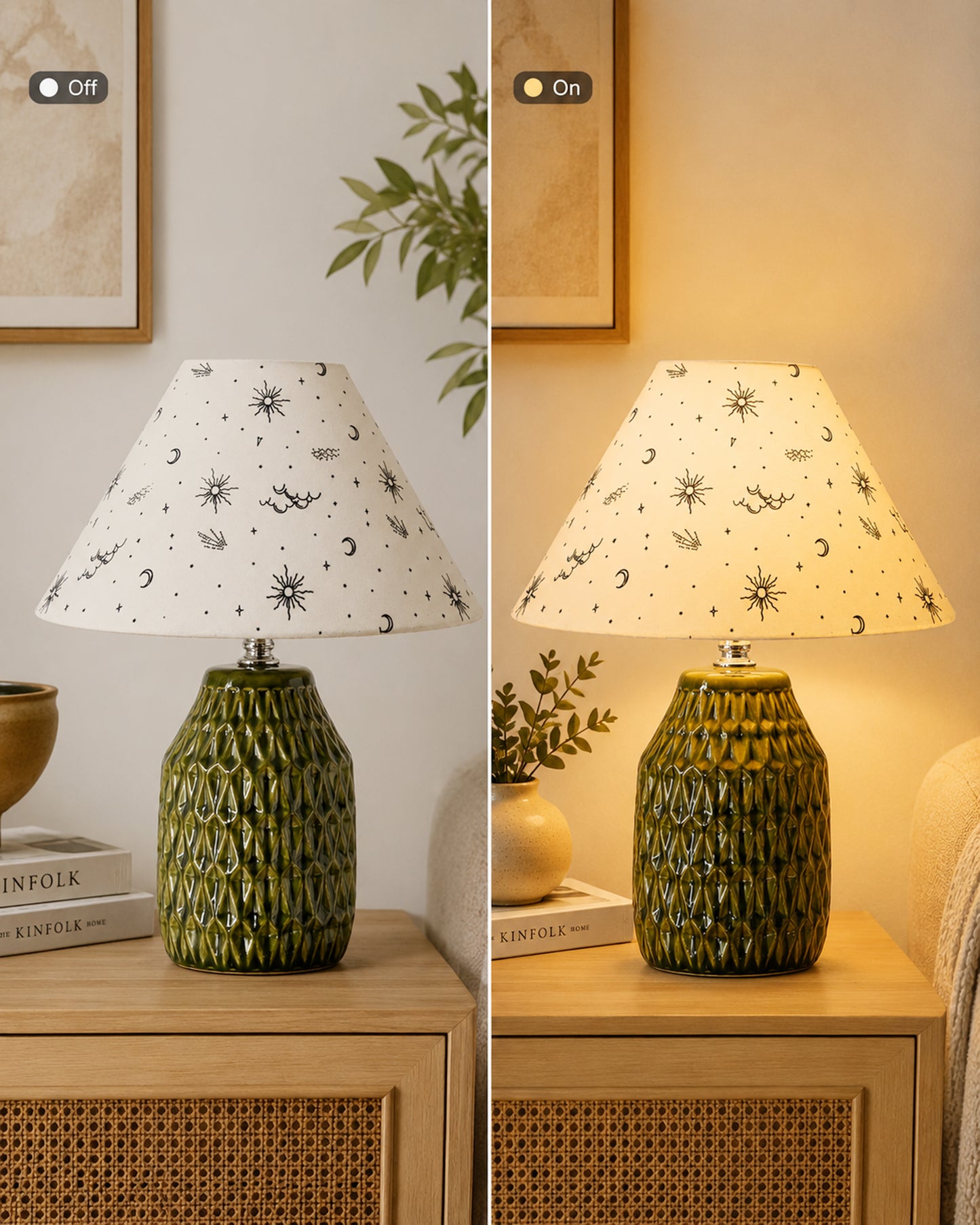 Homesake® Artisan Textured Ceramic Table Lamp with Fabric Shade, Green Glossy Glazed Bedside Lamp, E27 Decorative Table Light for Bedroom, Living Room, Study, Home & Office