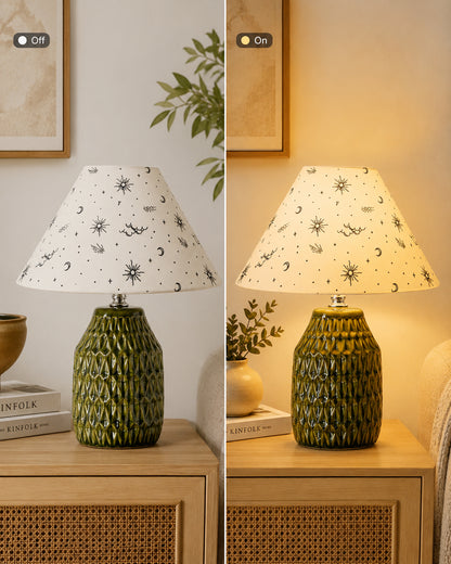 Homesake® Artisan Textured Ceramic Table Lamp with Fabric Shade, Green Glossy Glazed Bedside Lamp, E27 Decorative Table Light for Bedroom, Living Room, Study, Home & Office