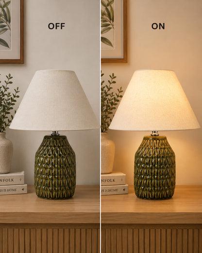 Homesake® Artisan Textured Ceramic Table Lamp with Fabric Shade, Green Glossy Glazed Bedside Lamp, E27 Decorative Table Light for Bedroom, Living Room, Study, Home & Office