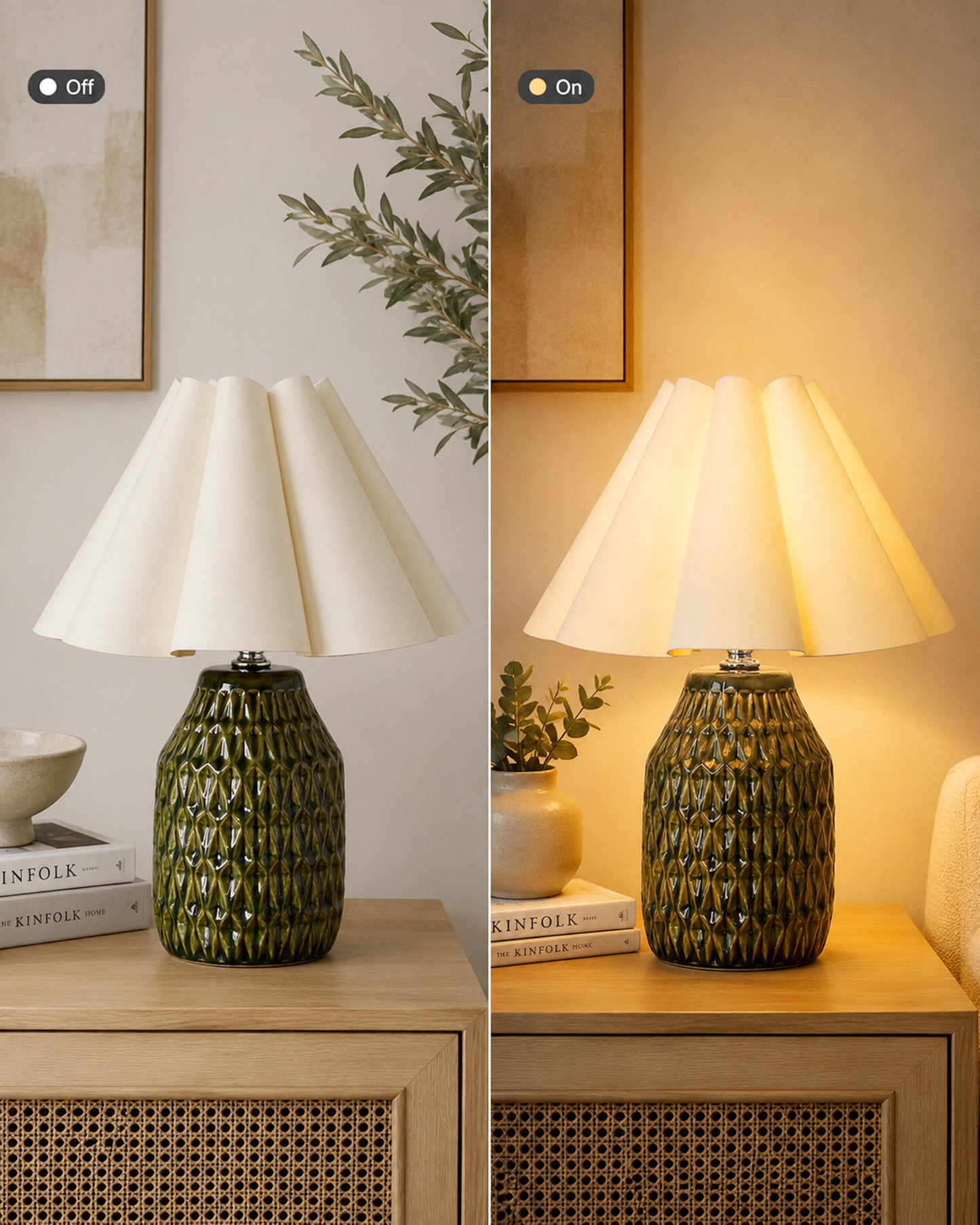 Homesake® Artisan Textured Ceramic Table Lamp with Fabric Shade, Green Glossy Glazed Bedside Lamp, E27 Decorative Table Light for Bedroom, Living Room, Study, Home & Office