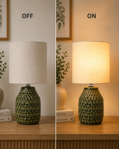 Homesake® Artisan Textured Ceramic Table Lamp with Fabric Shade, Green Glossy Glazed Bedside Lamp, E27 Decorative Table Light for Bedroom, Living Room, Study, Home & Office