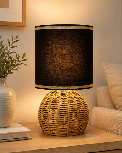 Homesake® Shade Rattan Table Lamp for Bedroom & Living Room, Natural Wicker Bedside Lamp for Bedroom, Living Room & Home Décor, E27 Holder, Livra, Scandinavian, Minimal Style Lighting (Round, Jute)
