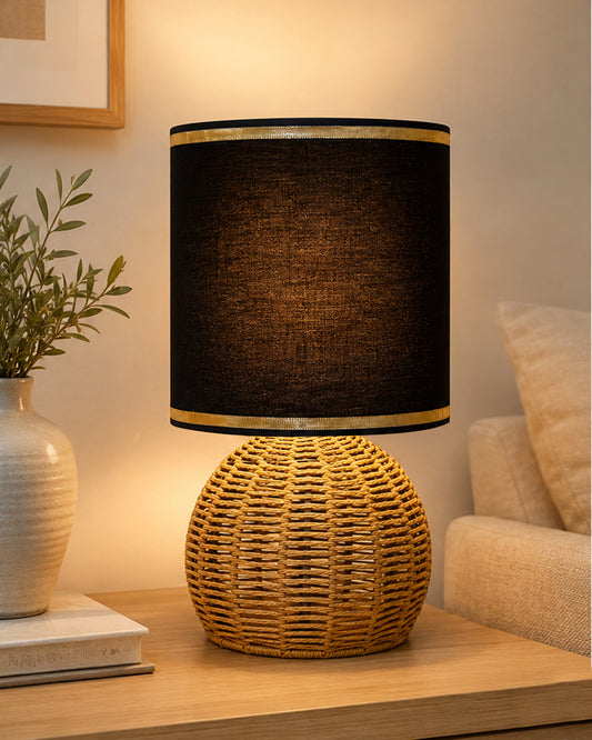 Homesake® Shade Rattan Table Lamp for Bedroom & Living Room, Natural Wicker Bedside Lamp for Bedroom, Living Room & Home Décor, E27 Holder, Livra, Scandinavian, Minimal Style Lighting (Round, Jute)