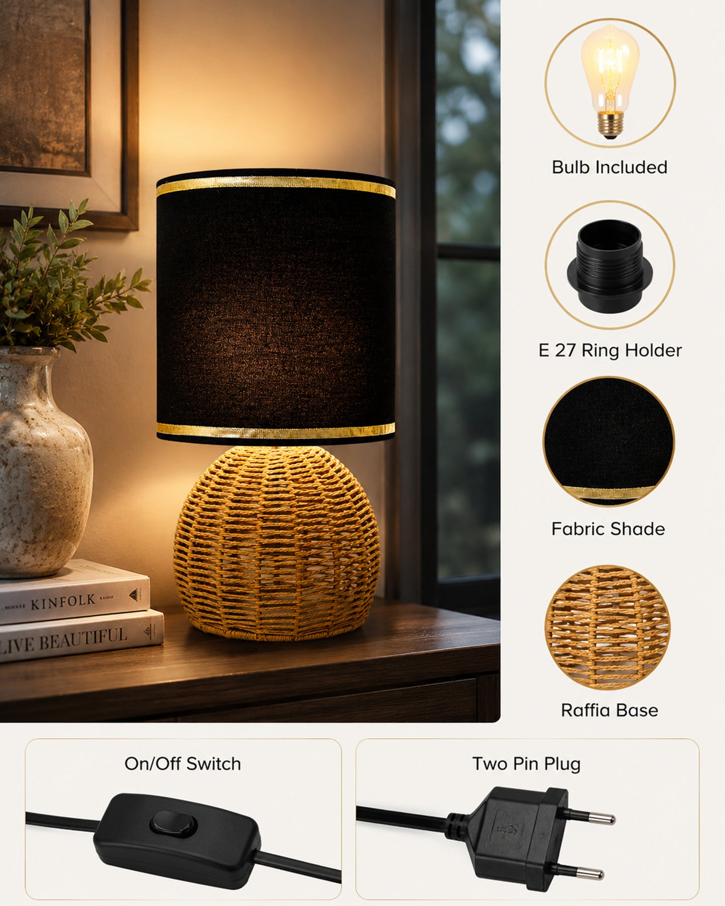 Homesake® Shade Rattan Table Lamp for Bedroom & Living Room, Natural Wicker Bedside Lamp for Bedroom, Living Room & Home Décor, E27 Holder, Livra, Scandinavian, Minimal Style Lighting (Round, Jute)