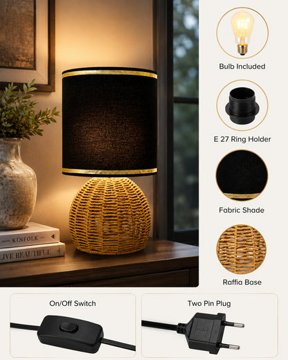 Homesake® Shade Rattan Table Lamp for Bedroom & Living Room, Natural Wicker Bedside Lamp for Bedroom, Living Room & Home Décor, E27 Holder, Livra, Scandinavian, Minimal Style Lighting (Round, Jute)