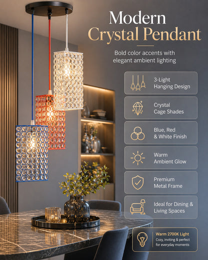 3-lights Round Cluster Chandelier Crystal hanging Pendant Light with Braided Cord