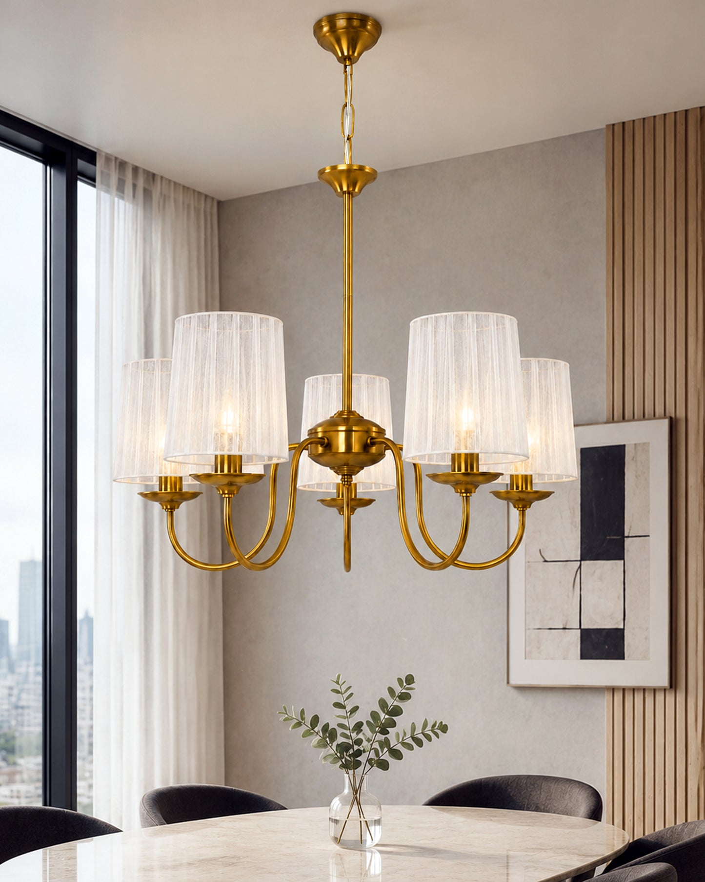 Homesake® 5-Light Brass Gold Chandelier with Fabric Shades, E27 Modern Hanging Ceiling Light for Living Room, Dining Room, Bedroom & Foyer