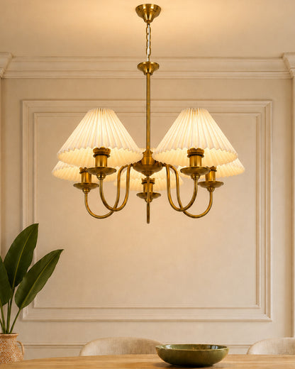 Homesake® 5-Light Brass Gold Chandelier with Fabric Shades, E27 Modern Hanging Ceiling Light for Living Room, Dining Room, Bedroom & Foyer