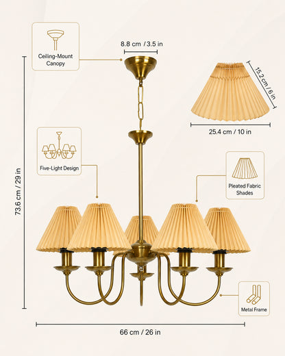 Homesake® 5-Light Brass Gold Chandelier with Fabric Shades, E27 Modern Hanging Ceiling Light for Living Room, Dining Room, Bedroom & Foyer