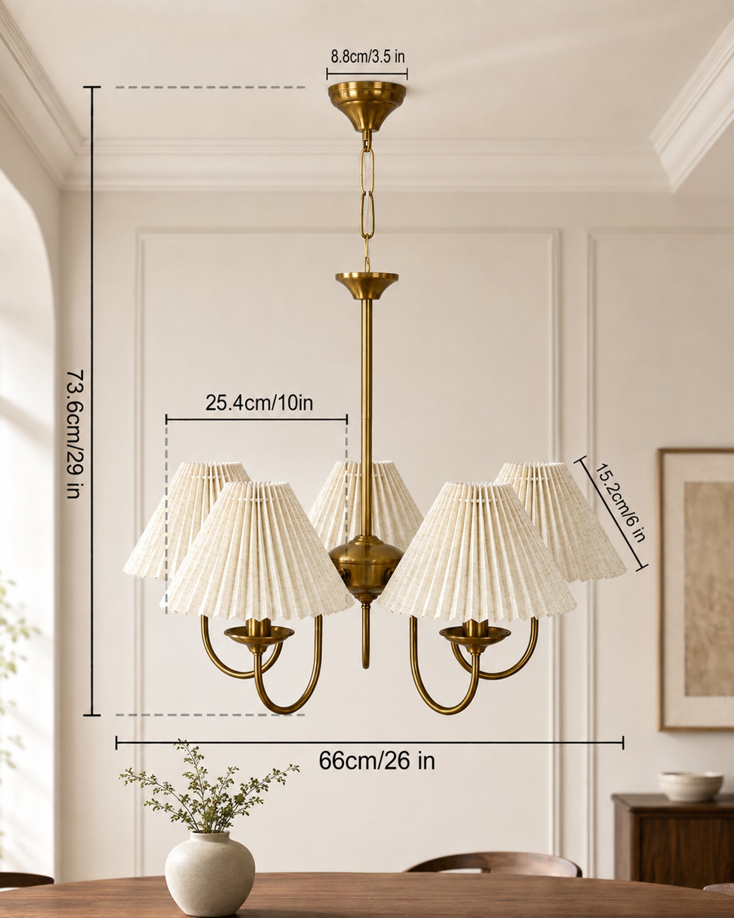 Homesake® 5-Light Brass Gold Chandelier with Fabric Shades, E27 Modern Hanging Ceiling Light for Living Room, Dining Room, Bedroom & Foyer