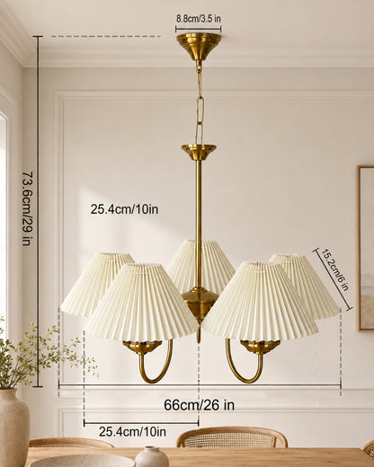 Homesake® 5-Light Brass Gold Chandelier with Fabric Shades, E27 Modern Hanging Ceiling Light for Living Room, Dining Room, Bedroom & Foyer
