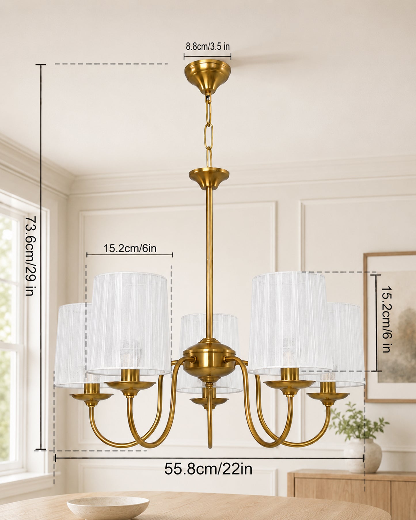 Homesake® 5-Light Brass Gold Chandelier with Fabric Shades, E27 Modern Hanging Ceiling Light for Living Room, Dining Room, Bedroom & Foyer