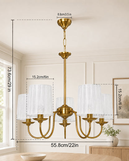Homesake® 5-Light Brass Gold Chandelier with Fabric Shades, E27 Modern Hanging Ceiling Light for Living Room, Dining Room, Bedroom & Foyer