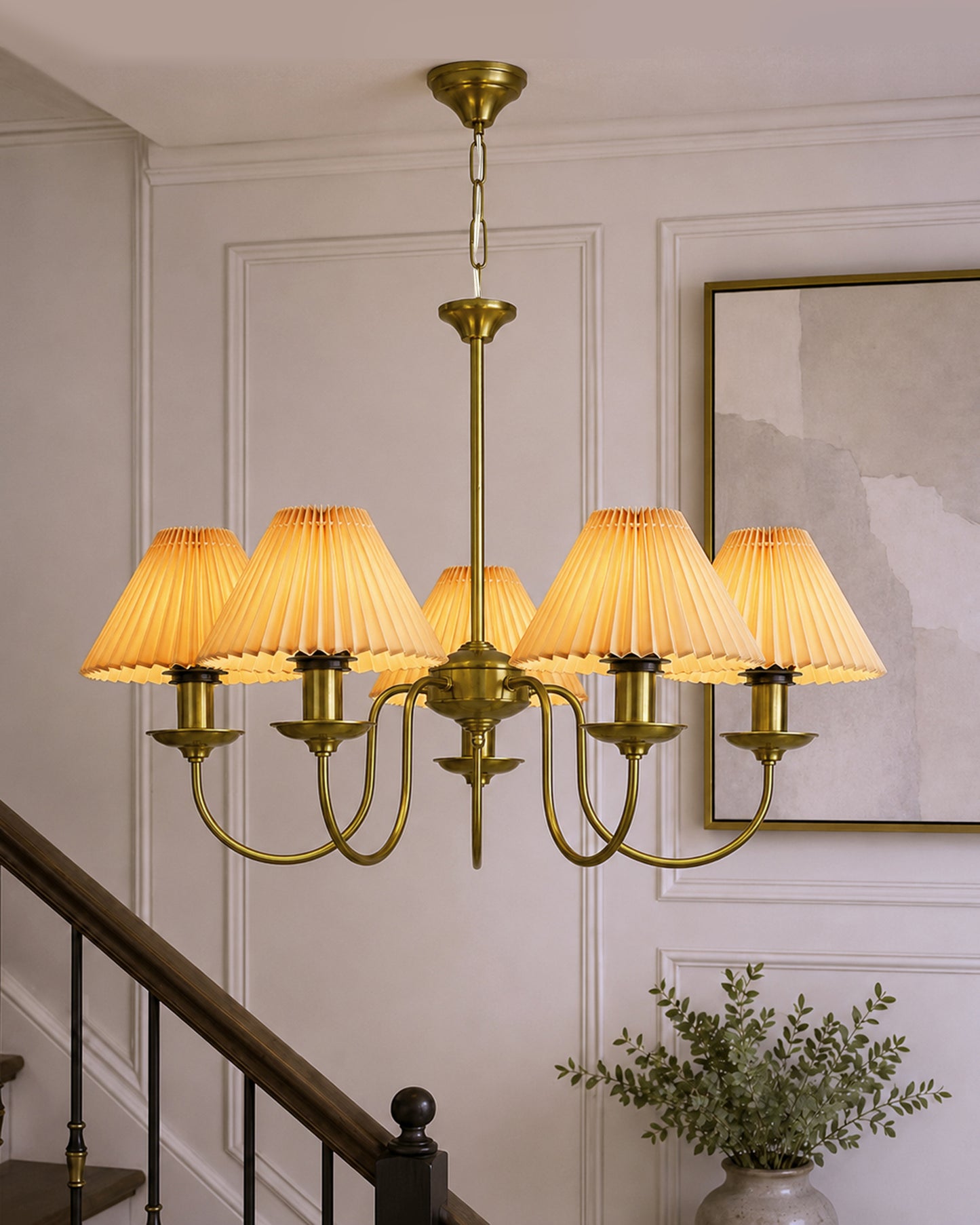 Homesake® 5-Light Brass Gold Chandelier with Fabric Shades, E27 Modern Hanging Ceiling Light for Living Room, Dining Room, Bedroom & Foyer