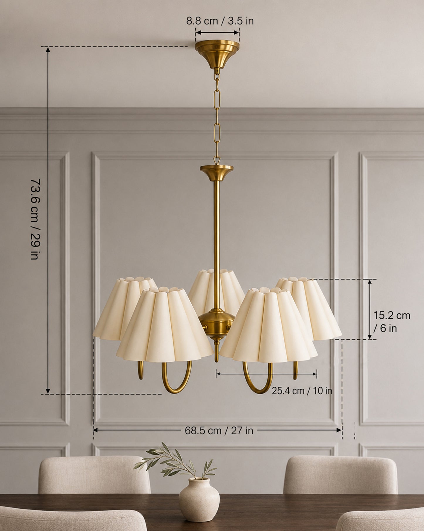 Homesake® 5-Light Brass Gold Chandelier with Fabric Shades, E27 Modern Hanging Ceiling Light for Living Room, Dining Room, Bedroom & Foyer
