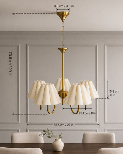 Homesake® 5-Light Brass Gold Chandelier with Fabric Shades, E27 Modern Hanging Ceiling Light for Living Room, Dining Room, Bedroom & Foyer