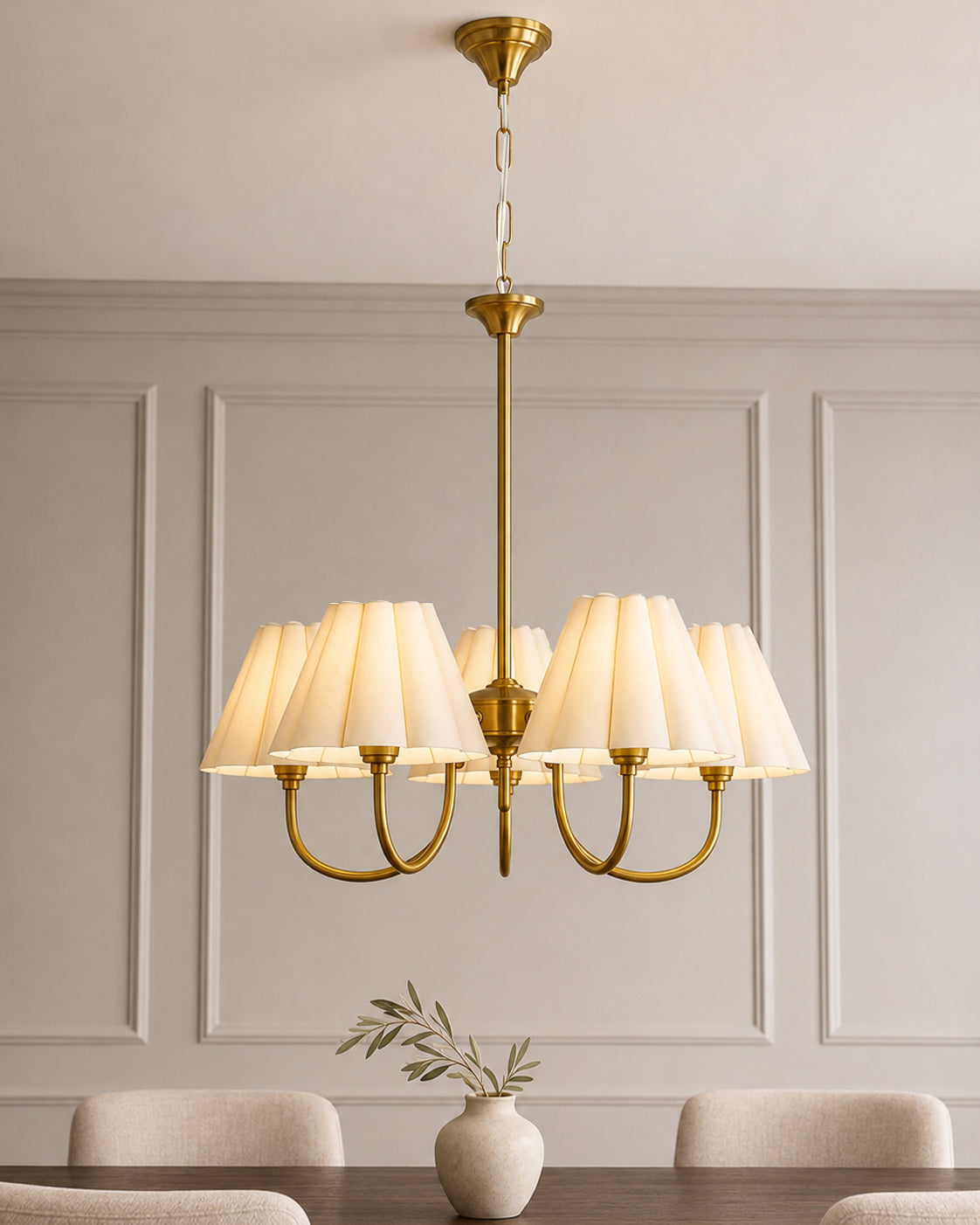 Homesake® 5-Light Brass Gold Chandelier with Fabric Shades, E27 Modern Hanging Ceiling Light for Living Room, Dining Room, Bedroom & Foyer