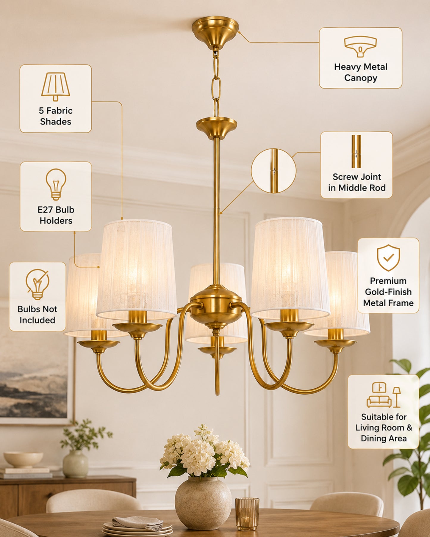 Homesake® 5-Light Brass Gold Chandelier with Fabric Shades, E27 Modern Hanging Ceiling Light for Living Room, Dining Room, Bedroom & Foyer