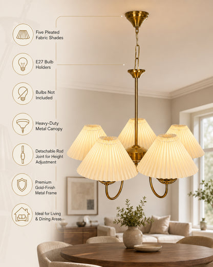 Homesake® 5-Light Brass Gold Chandelier with Fabric Shades, E27 Modern Hanging Ceiling Light for Living Room, Dining Room, Bedroom & Foyer