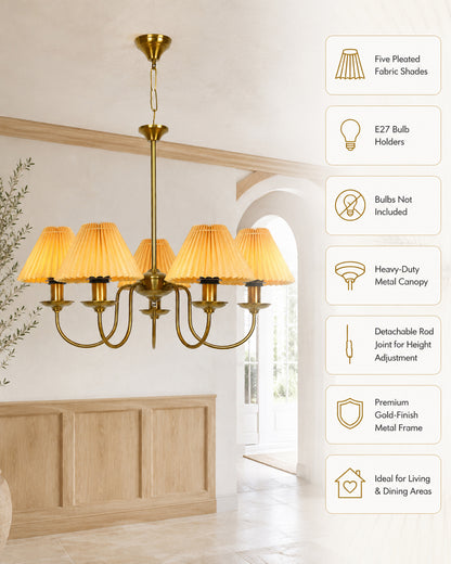 Homesake® 5-Light Brass Gold Chandelier with Fabric Shades, E27 Modern Hanging Ceiling Light for Living Room, Dining Room, Bedroom & Foyer