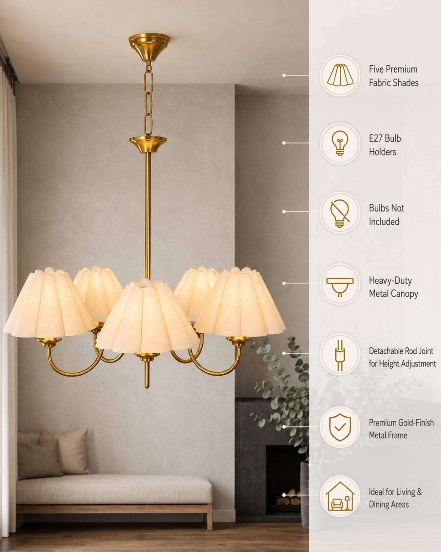 Homesake® 5-Light Brass Gold Chandelier with Fabric Shades, E27 Modern Hanging Ceiling Light for Living Room, Dining Room, Bedroom & Foyer