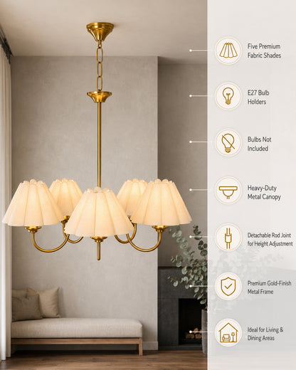 Homesake® 5-Light Brass Gold Chandelier with Fabric Shades, E27 Modern Hanging Ceiling Light for Living Room, Dining Room, Bedroom & Foyer