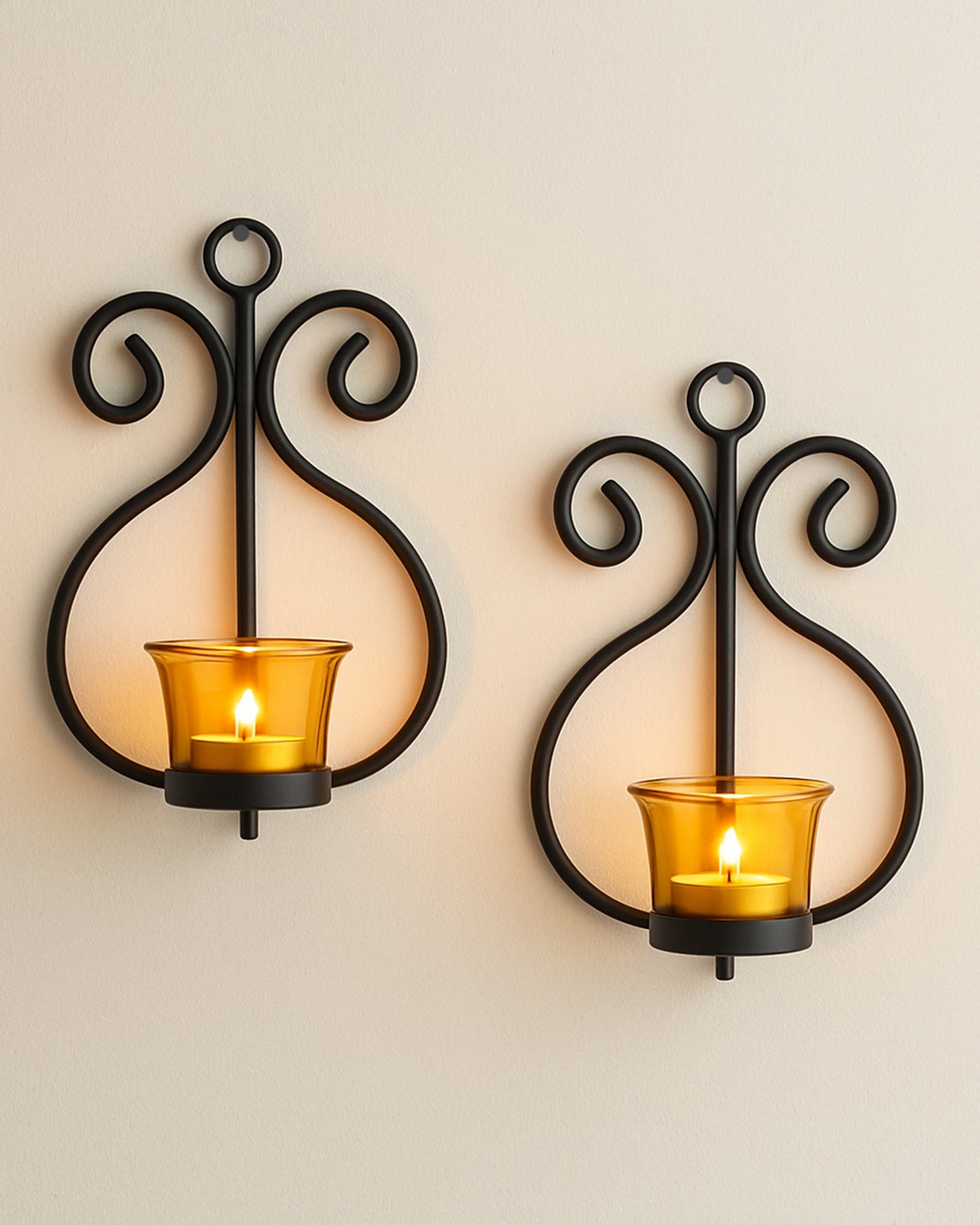 Set of 2 Decorative Wall Sconce/Candle Holder With Glass and Free T-light Candles
