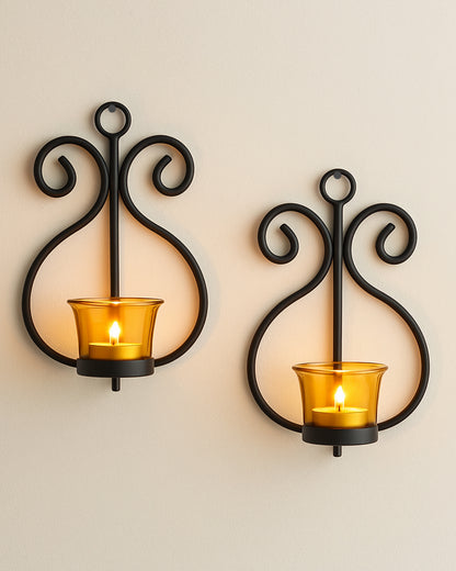 Set of 2 Decorative Wall Sconce/Candle Holder With Glass and Free T-light Candles