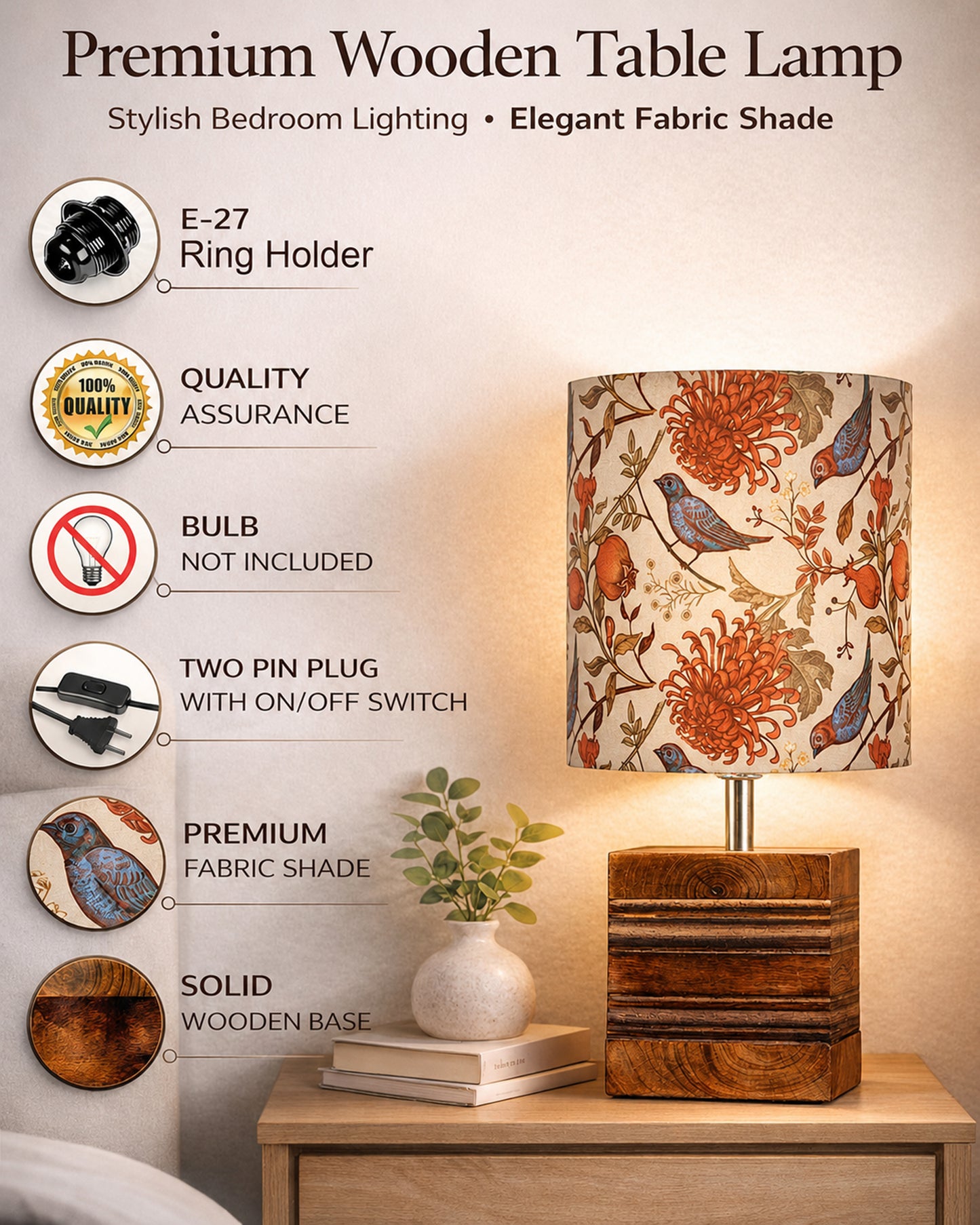 Modern Zen Wooden Lampshade Nightstand Lamps, Antique Base E27 Creative Reading Bedside Lamps Ideal for Bedroom, Cube, Bird Cylinder