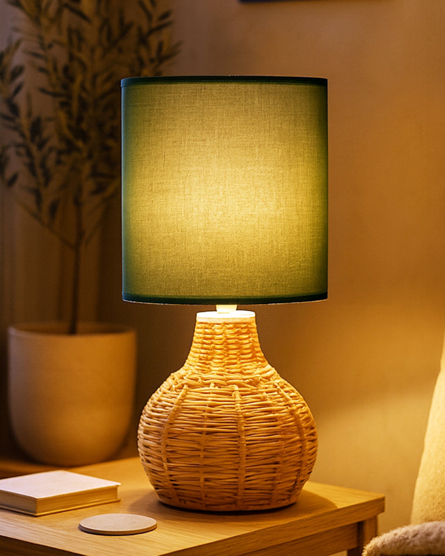 Homesake® Raffia Rattan Table Lamp, Small Nightstand Lamp with Linen Fabric Lampshade, Bedside Lamp for Bedroom, Living Room, Study & Livra Home Décor | Warm Ambient Lighting (Spinning, Jute)