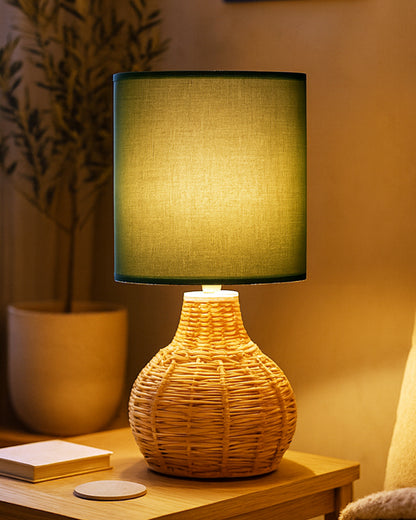 Homesake® Raffia Rattan Table Lamp, Small Nightstand Lamp with Linen Fabric Lampshade, Bedside Lamp for Bedroom, Living Room, Study & Livra Home Décor | Warm Ambient Lighting (Spinning, Jute)