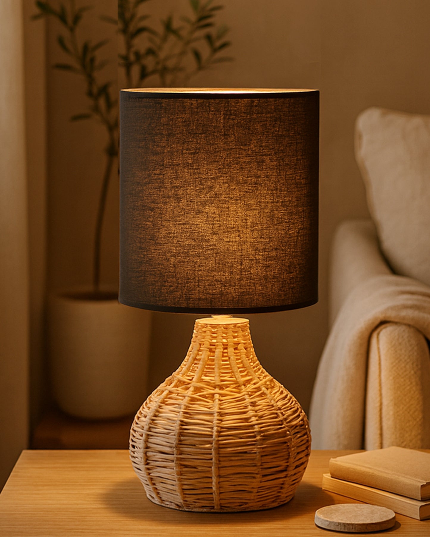 Homesake® Raffia Rattan Table Lamp, Small Nightstand Lamp with Linen Fabric Lampshade, Bedside Lamp for Bedroom, Living Room, Study & Livra Home Décor | Warm Ambient Lighting (Spinning, Jute)