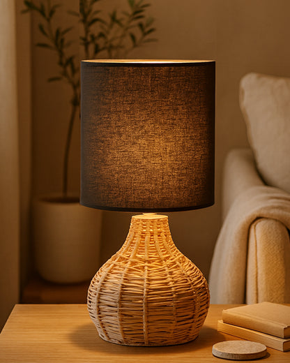 Homesake® Raffia Rattan Table Lamp, Small Nightstand Lamp with Linen Fabric Lampshade, Bedside Lamp for Bedroom, Living Room, Study & Livra Home Décor | Warm Ambient Lighting (Spinning, Jute)