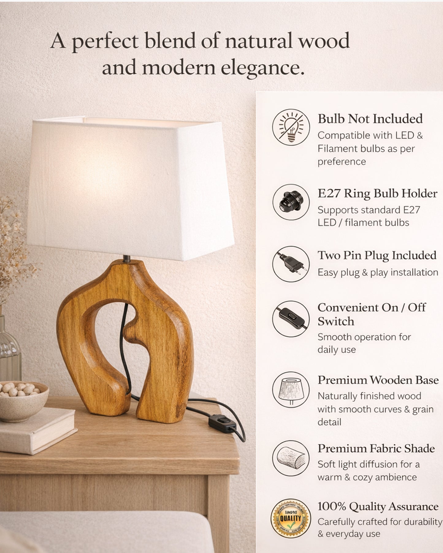 Homesake® Ellora Sculpted Wood Table Lamp with Fabric Shade – Hand-Carved Arch Base, Light for Bedroom & Living Room, Blue Bird Rectangle