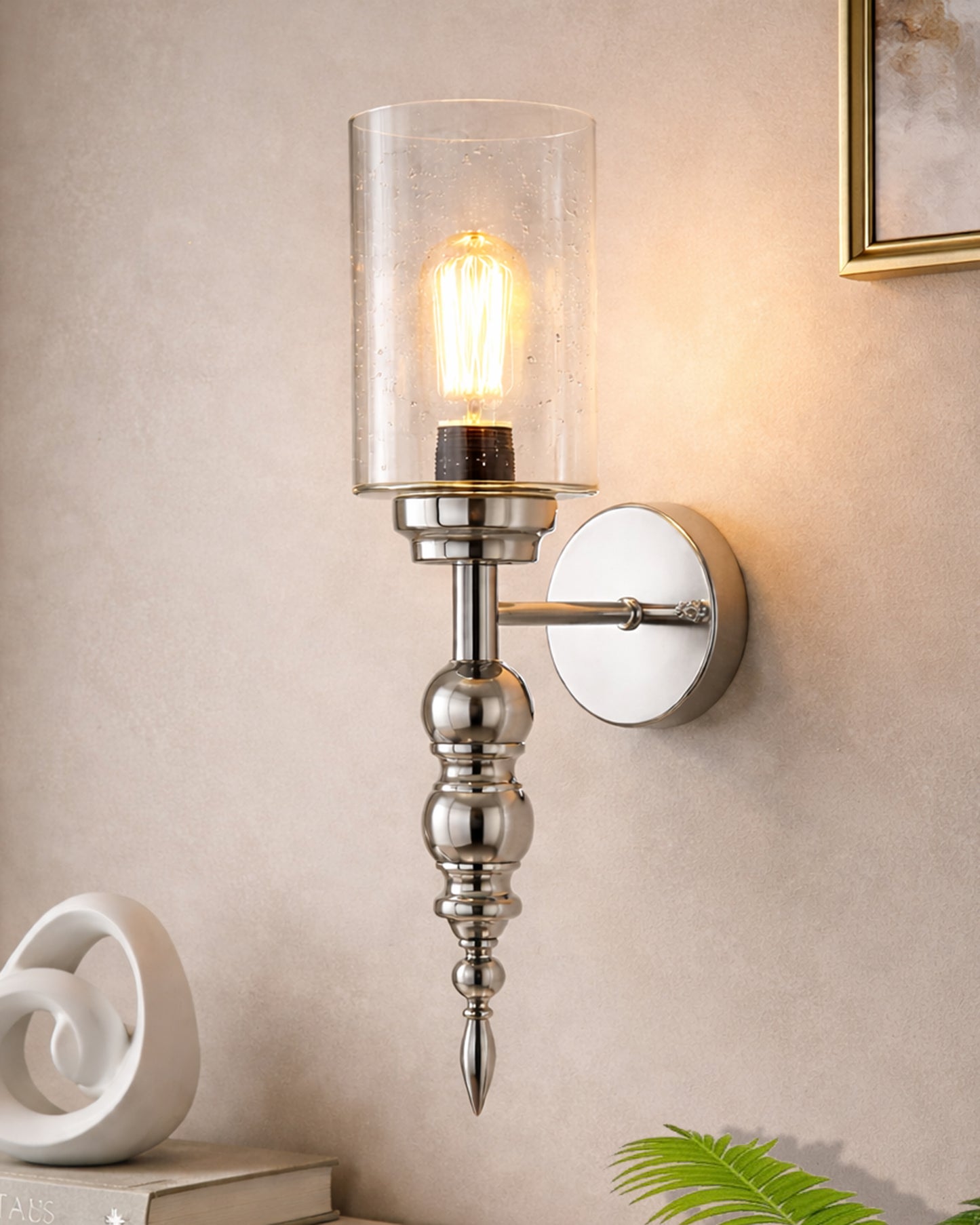Mid-Century Modern Metal and Glass Wall Light, Brushed Gold, Lamp Fixture for Bedroom Vanity Bathroom Hotel,  Spherical Torch, Bubble Glass