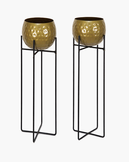 Metal Hammered Plant Pot with Stand, Set of 2 |Golden Decorative Modern Indoor Planter | Office Desk Pot with Black Metal Stand for Orchids Herbs Cacti Succulents