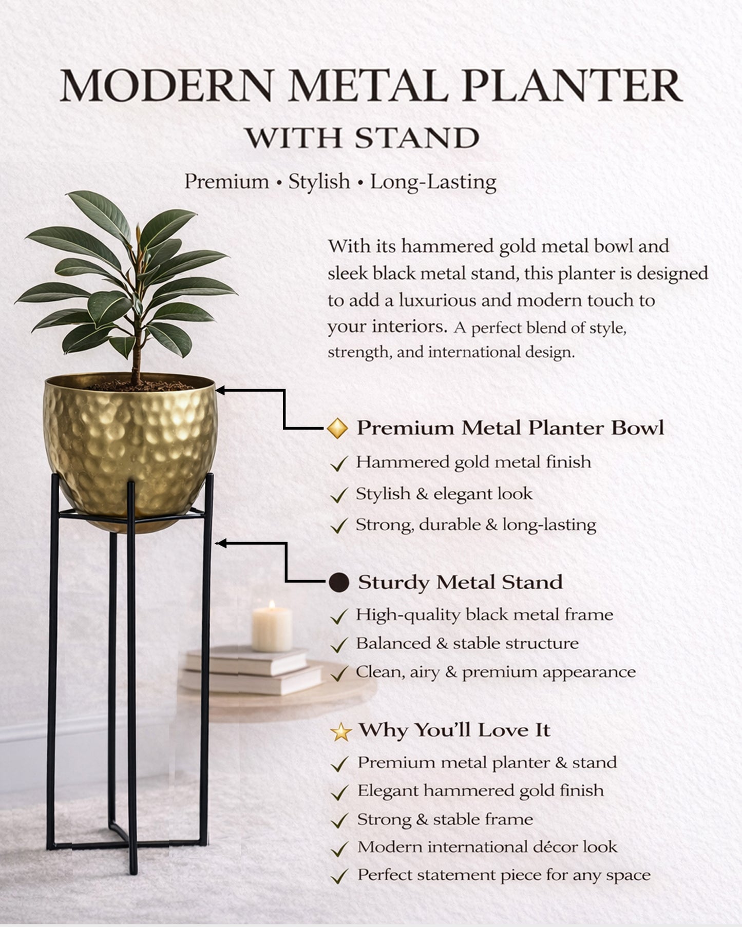 Metal Hammered Plant Pot with Stand, Set of 2 |Golden Decorative Modern Indoor Planter | Office Desk Pot with Black Metal Stand for Orchids Herbs Cacti Succulents