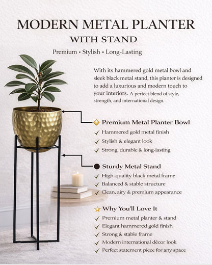 Metal Hammered Plant Pot with Stand, Set of 2 |Golden Decorative Modern Indoor Planter | Office Desk Pot with Black Metal Stand for Orchids Herbs Cacti Succulents