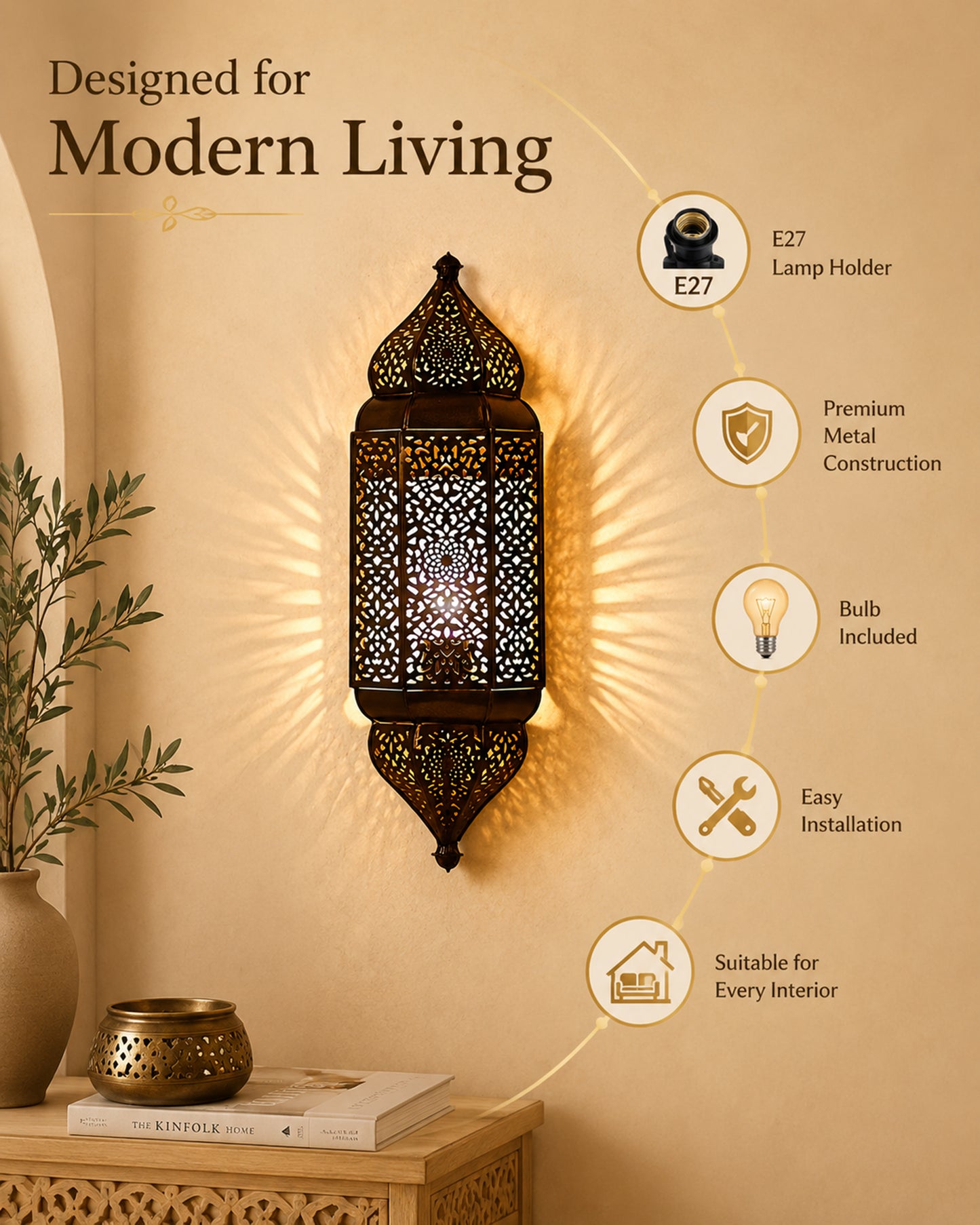 Homesake® Moroccan Wall Lamp – Handcrafted Decorative Metal Light for living room, Bedroom, Offoce or Festive Decor