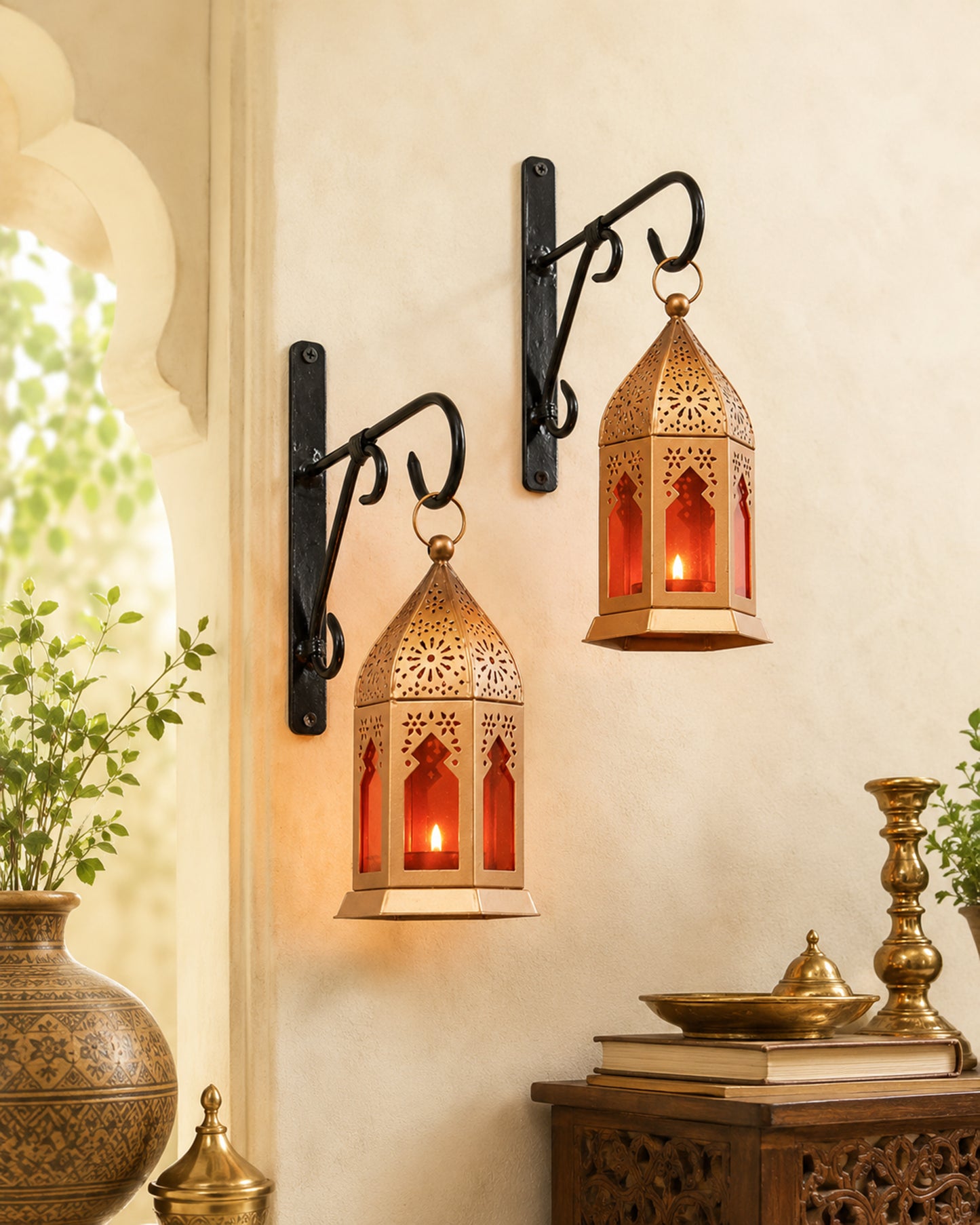 Wall Metal Decorative Antique Copper Finish Moroccan Lantern Candle Holder, Set of 2, Tealight Hanging Home Office Decor with Wall Hook